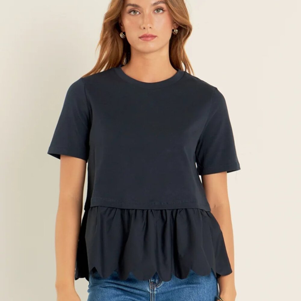 English Factory Mixed Media Scalloped T-shirt Size S, Navy